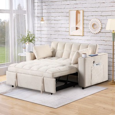 CAVINAS 58" Multi-functional Sofa Bed with Cup Holder and USB Port, Convertible Sofa, Velvet Loveseat Sofa for Living Room