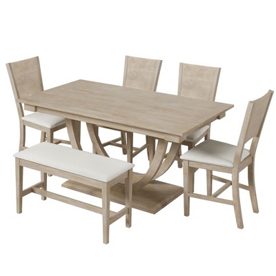 NicBex 6-Piece Rectangle Dining Table Set with 4 Cushion Seat Dining Chairs & Upholstered Bench for Kitchen,Dining Room