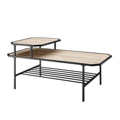 Modern 2 Tier Chamfered Corner Coffee Table Birch - Saracina Home: Laminated MDF, Metal Frame, Storage Shelf