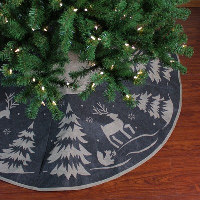 Gray and Black Reindeer Forest Christmas Tree Skirt with Burlap Cuff