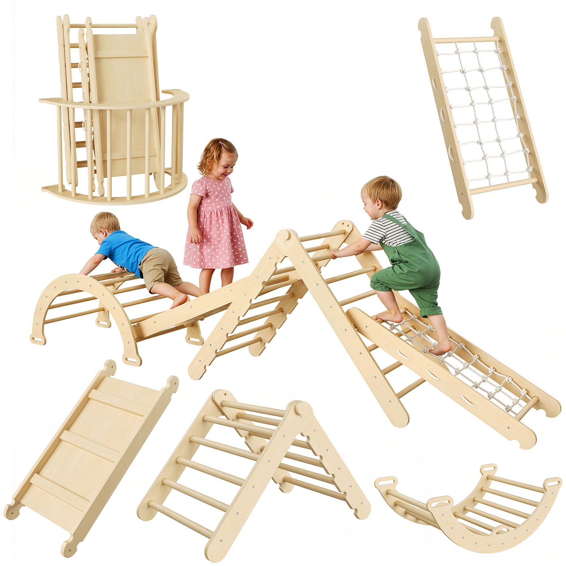 7-in-1 Foldable Pikler Triangle Set – Baby Climbing Gym with Arch, Ramp & Ladder for Toddlers, Indoor Play & Christmas Gifts