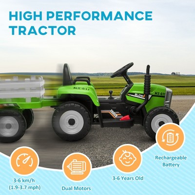Green 12V Electric Ride-On Tractor with Trailer