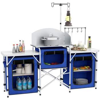 Outsunny Camping Kitchen Table, Portable Folding Camp Kitchen, Aluminum Cook Station with 3 Fabric Cupboards, Windshield, Carrying Bag, Blue