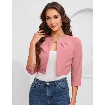Womens Cropped Blazer Casual Business 3/4 Sleeve Collarless Open Front Cardigan Work Jacket Shrug