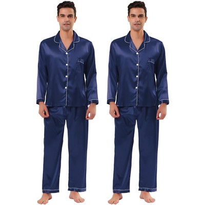 TATT 21 Men's Long Sleeves Button Down Satin Pajamas Sets Nightwear 2 Packs