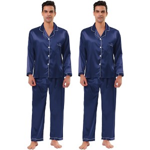 TATT 21 Men's Long Sleeves Button Down Satin Pajamas Sets Nightwear 2 Packs - 1 of 4