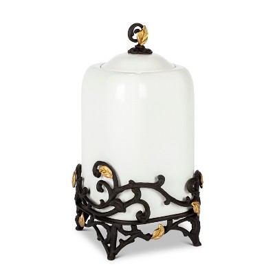 GG Collection 14-Inch Tall Gold Leaf Ceramic Canister with White Stoneware and Espresso Brown Vines and Gold Leaf Accented Base.