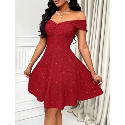 Mocamel Women's Twisted Off - Shoulder Glitter A - Line Dress - Knee Length, Party & Evening Wear