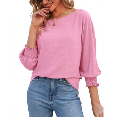 Women's Casual Puff Sleeve Tops 2025 Summer Solid Color Loose Balloon Sleeve Work Office Blouse