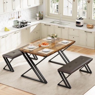 Dining Table Set for 4 with 2 Upholstered Benches