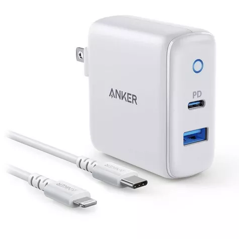 Anker 2-Port PowerPort 30W Power Delivery Wall Charger (with 3' PowerLine Select Lightning to USB-C Cable) - White, 1 of 9