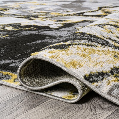 Swirl Marbled Abstract Black and Yellow Runner Rug