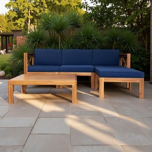 5-Piece Outdoor Patio Solid Wood Sectional Sofa with Coffee Table and Cushions - 1 of 4