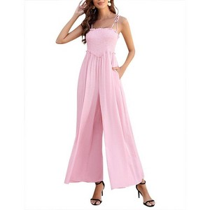 Coolmee Women Smocked Sleeveless Jumpsuits Summer Casual Spaghetti Strap Square Neck Wide Leg Rompers with Pockets - 1 of 4