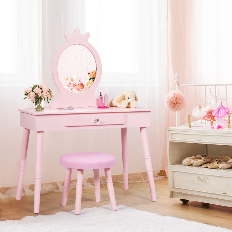 Tangkula Kids Princess Vanity Table Set w/ Chair Crown Mirror White/Pink, 2 of 8