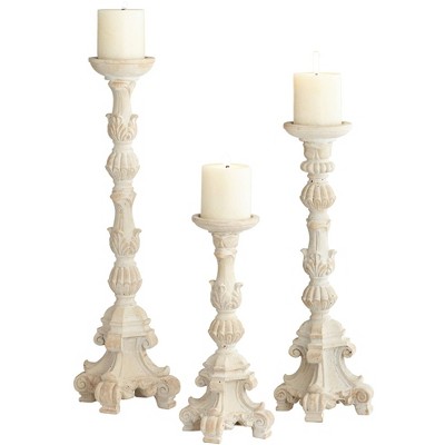 Kensington Hill Whitewashed Carved Pillar Candle Holders Set of 3