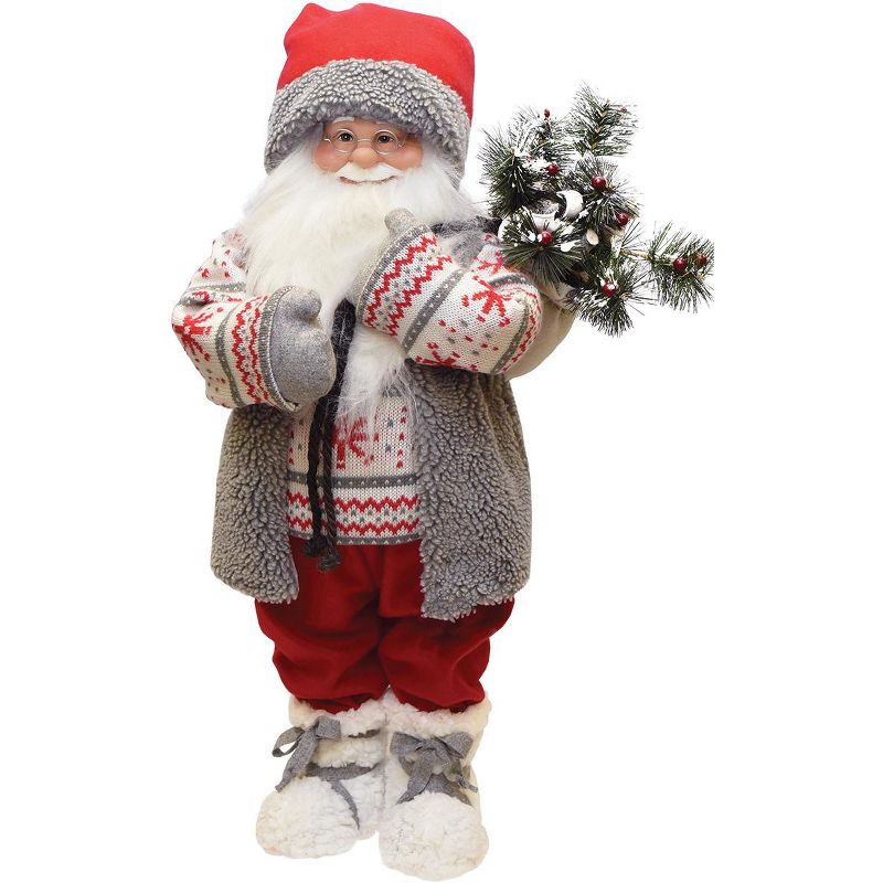 Northlight 25" Gray and Red Santa in Winter Vest with Sack of Pine Christmas Figure Decoration, 1 of 2