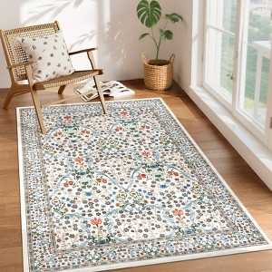 2x6 FT Modern Washable Area Rug, Floral Throw Carpet with Non Slip Backing, Low Pile Stain Resistant Floor Cover for Living Room, Beige - 1 of 4