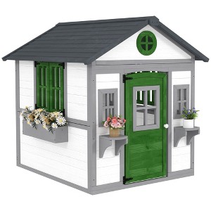 Outsunny Playhouse for Kids Outdoor, Wooden Playhouse with Doors, Windows, Planter Pots and Boxes for Toddlers 3-8 Years, Backyard, Indoor - 1 of 4