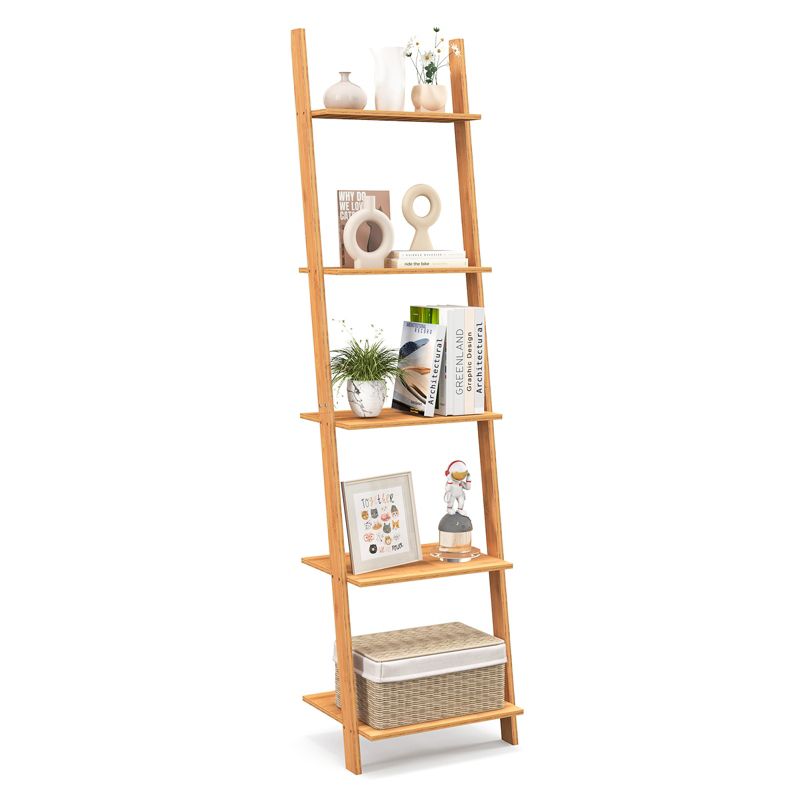 Tangkula 5-Tier Ladder Bookshelf Modern Bamboo Leaning Storage Rack Ladder-Style Bookcase Open Display, 1 of 8