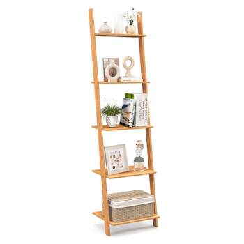 Tangkula 5-Tier Ladder Bookshelf Modern Bamboo Leaning Storage Rack Ladder-Style Bookcase Open Display