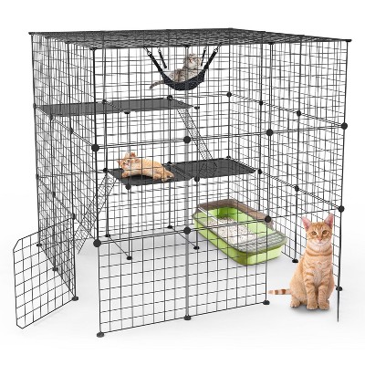 iMountek "3-Tier Large Cat Cage Enclosure Playpen – Iron Construction, Detachable Cat Crate with 2 Ladders" Black