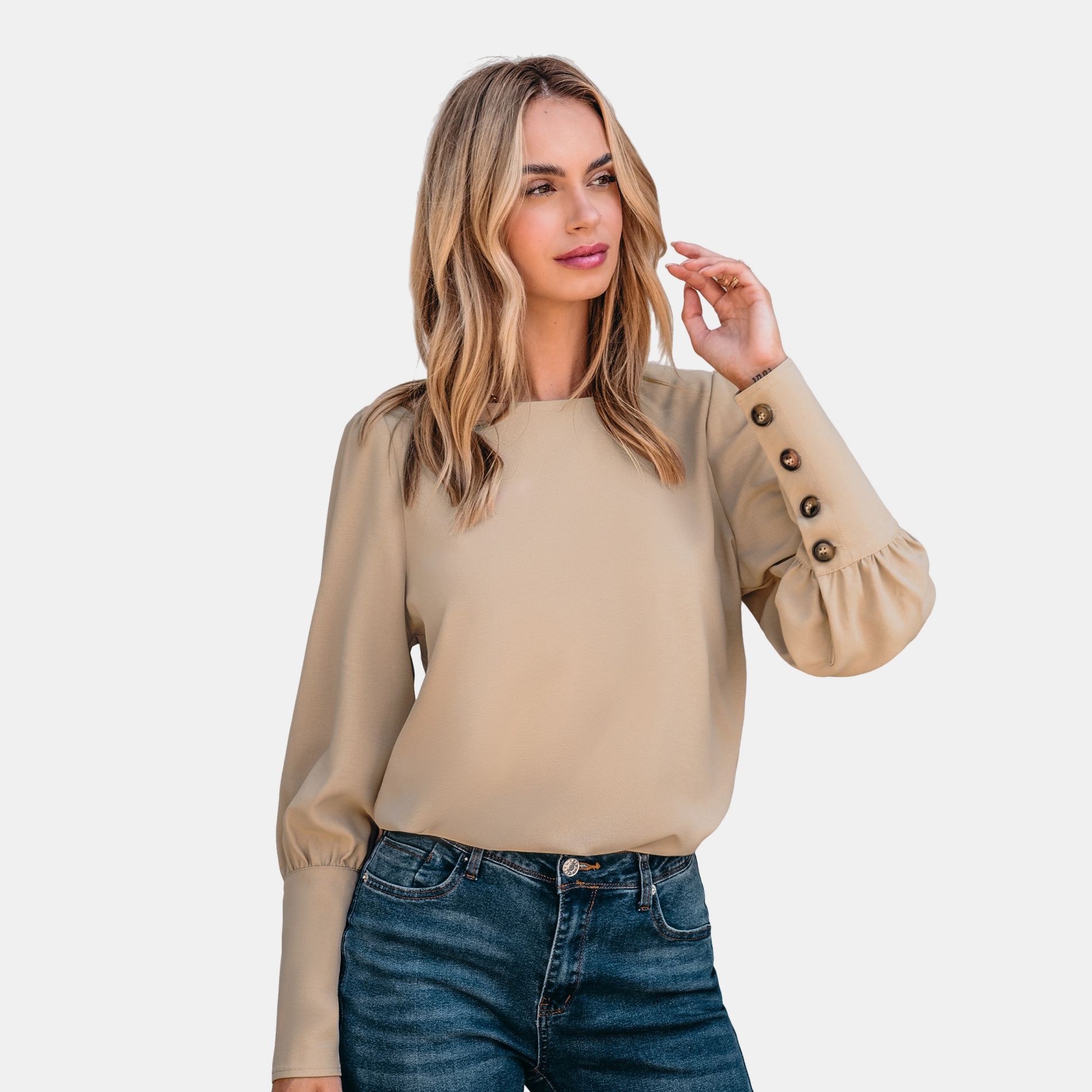 Women's Chic Puff Sleeve Back Button Khaki Blouse - Cupshe