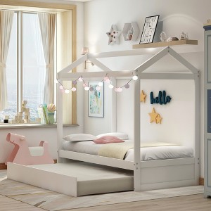 VASIP Twin Size House Bed with Trundle, Customizable Playhouse Bed with Pull-Out Guest Bed for Kids Room,White - 1 of 4