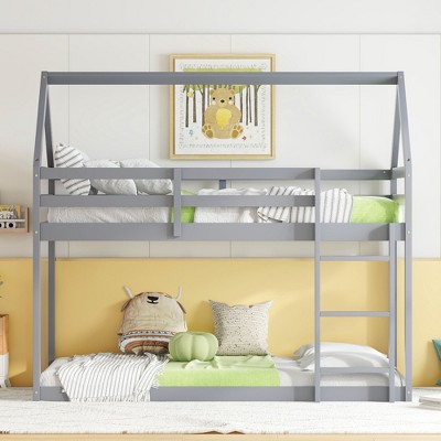 NicBex Twin Over Twin Rubber Wood Floor Bunk Bed,House-Shaped-Bunk Bed Frame with Ladder and Safety Guardrail for Kids Teens Dorm Rooms