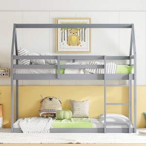 NicBex Twin Over Twin Rubber Wood Floor Bunk Bed,House-Shaped-Bunk Bed Frame with Ladder and Safety Guardrail for Kids Teens Dorm Rooms - 1 of 4
