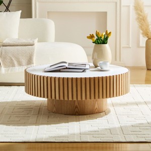 Modern Round Coffee Table with Sintered Stone Top and Drum Base, Small Accent Table for Living Room, Bed Room or Apartment-Tanpinhause - 1 of 4