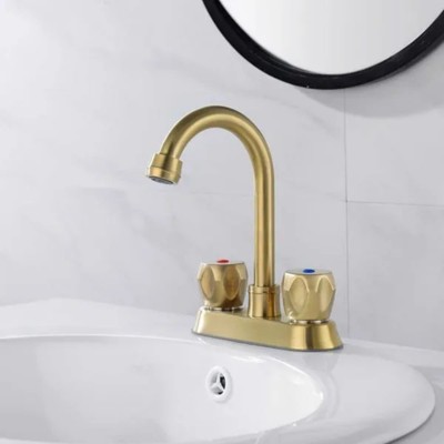 LunaLulink 2 Handle Brushed Gold Stainless Steel Center Sink Faucet with Overflow Pop-Up Sink Spout