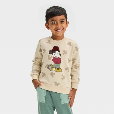 Image of Toddler Boys' Disney Mickey Mouse Patch Fleece Pullover Sweatshirt - Cream 18M