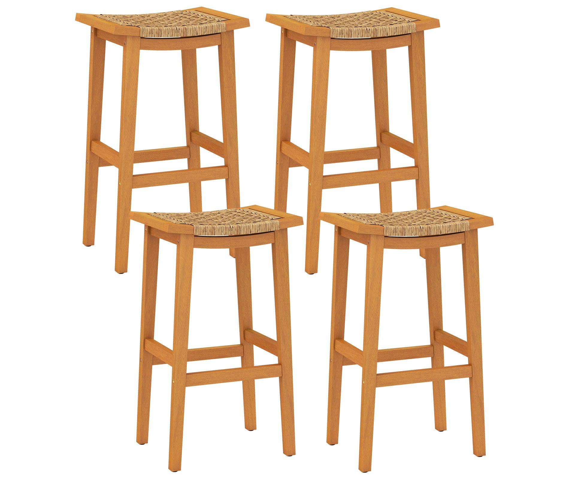Tangkula Outdoor Acacia Wood Bar Stools Set of 4 w/ PE Rattan Seats & Backrests