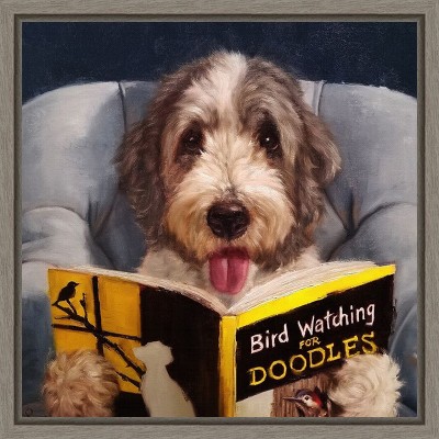 Dog Reading Bird Watching Book Framed Canvas Print