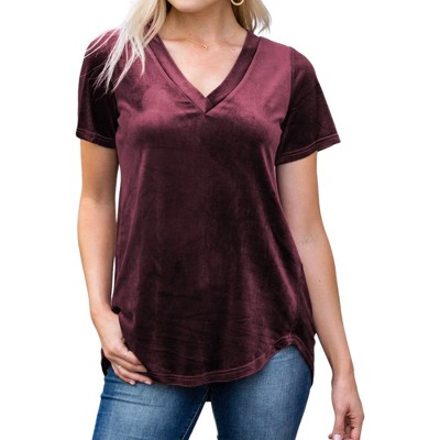 Amaryllis Women's Short-Sleeve Casual V-Neck Velvet High Low Tee Soft Luxurious Rich Texture