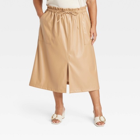 Women s Faux Leather Midi A line Skirt Ava Viv Tan 4x Target