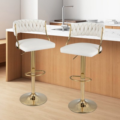 Beige Velvet Adjustable Swivel Bar Stools with Gold Metal Base, Set of 2