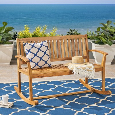 2-Seater Acacia Wood Rocking Loveseat with Smooth Motion,Rustic Outdoor Bench for Porch or Backyard-The Pop Home