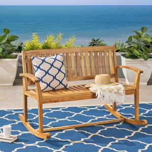 2-Seater Acacia Wood Rocking Loveseat with Smooth Motion,Rustic Outdoor Bench for Porch or Backyard-The Pop Home - 1 of 4