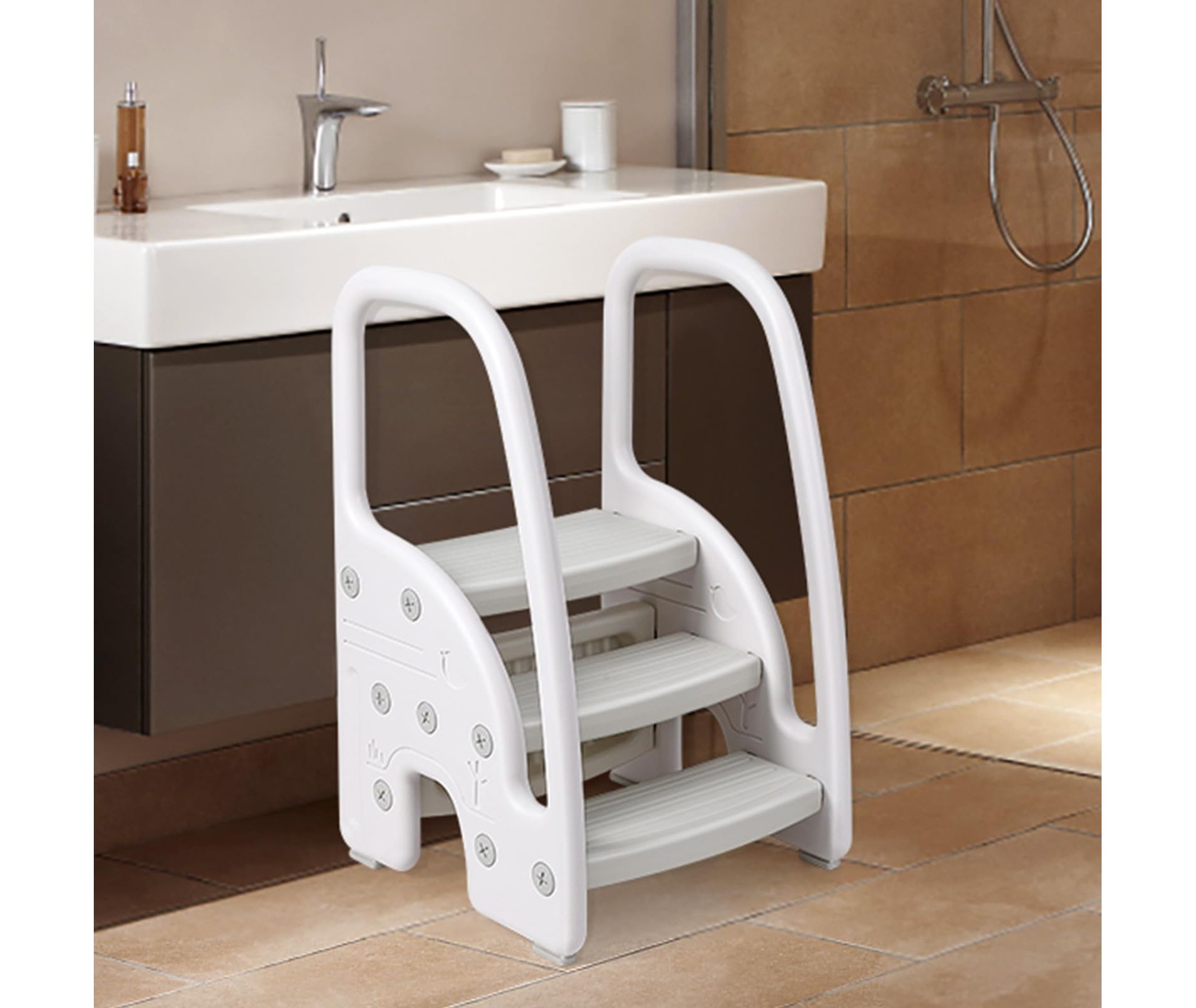 Toddler Step Stool for Bathroom Sink Kitchen Counter, Plastic Kids 3 Step Stool with Handles Sides for Toilet Potty Training, Lightweight Non-Slip