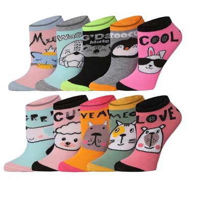 Tipi Toe Womens 10 Pairs Adorable Animal Affair Pattern & Mix Colors For Vibrant Style Low Cut/No Show Socks