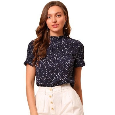 INSPIRE CHIC Women's Ruffle Neck Smocked Sleeves Polka Dots Blouse Top