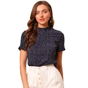 INSPIRE CHIC Women's Ruffle Neck Smocked Sleeves Polka Dots Blouse Top - 1 of 4
