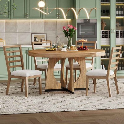 5 PCS Retro Dining Set with 4 Chairs and Table, Extendable Table with Removable Leaf, Upholstered Chairs with Rubberwood Frame-Coolbibila