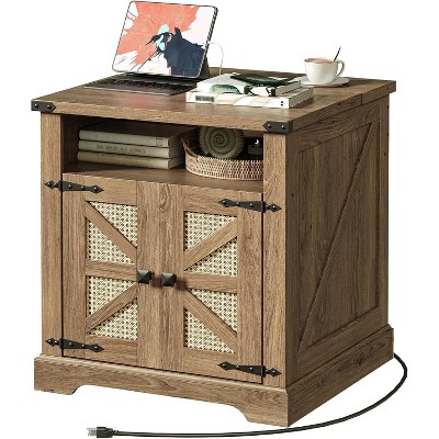 MaseiKar Farmhouse End Table with Charging Station, Large End Tables for Living Room, Large Bedside Table with Rattan-Like Barn Door, Wooden Square