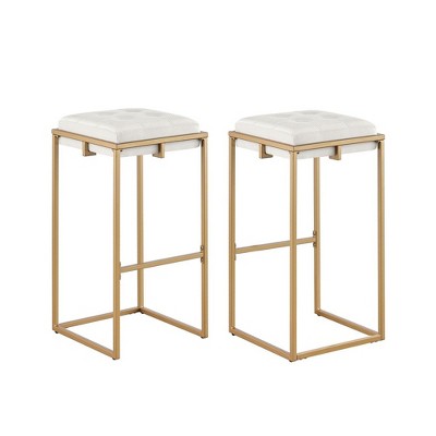 Simple Relax Set of 2 Velvet Upholstered Square Stools in Beige and Gold
