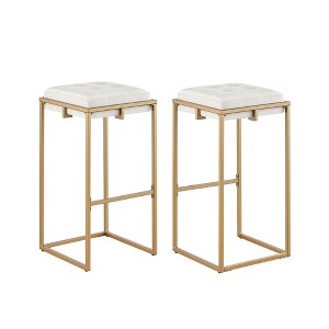 Simple Relax Set of 2 Velvet Upholstered Square Stools in Beige and Gold - 1 of 4