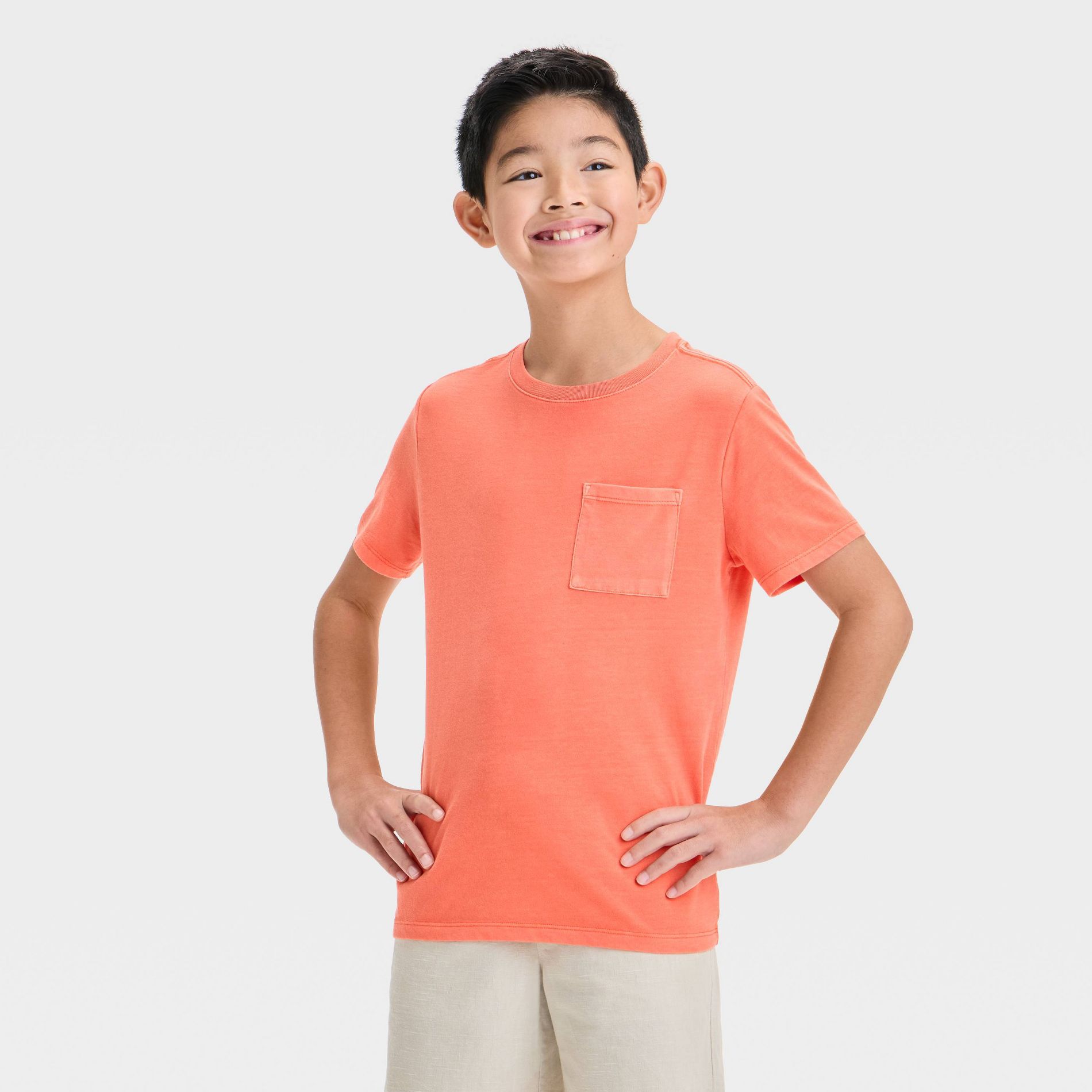 Boys' Short Sleeve Washed Pocket T-Shirt - Cat & Jack™ Orange S: Midweight Jersey, Below Hip