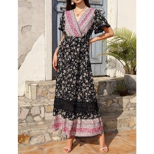 Women's Summer Bohemian Floral Maxi Dress with Short Sleeves, V-Neck, High Waist, and Ruffle Details - 1 of 4